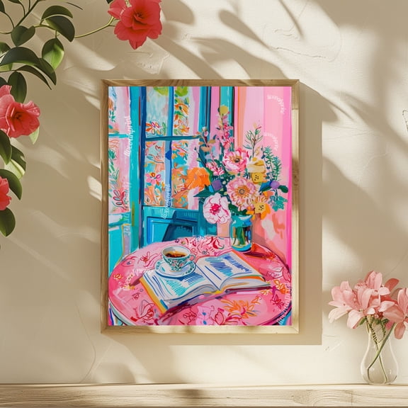 Book Print Bookish Decor Reading Print Reading And Coffee Print Boho Wall Art Maximalist Kitchen Decor Kitschy Kitchen Print
