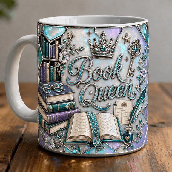 Book Queen Mug 3D Effect for Librarians, Reader Coffee Cup Gift