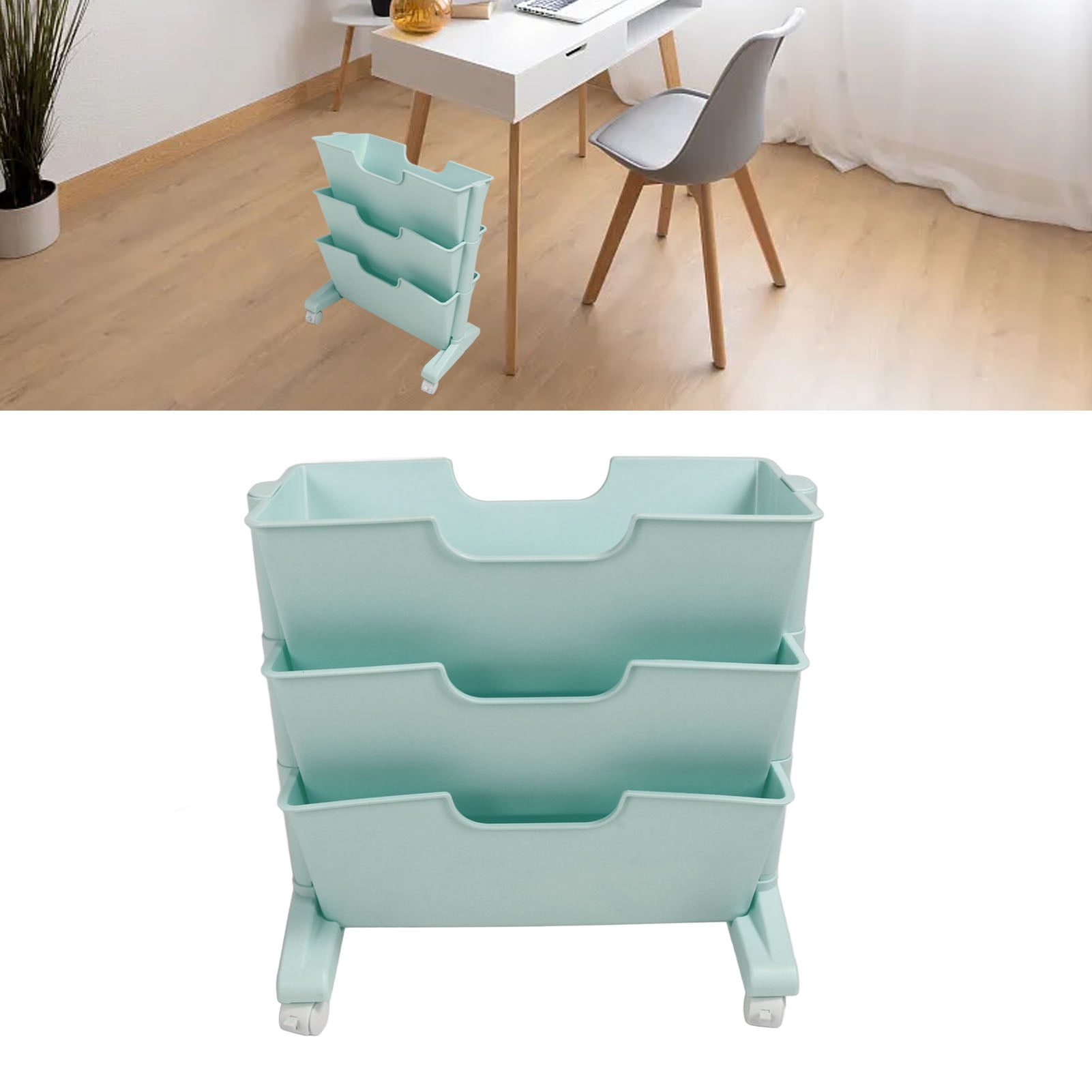 Book Rack Storage Bookshelf, 3 Tier 360 Degree Rotation 4 Wheel Movable