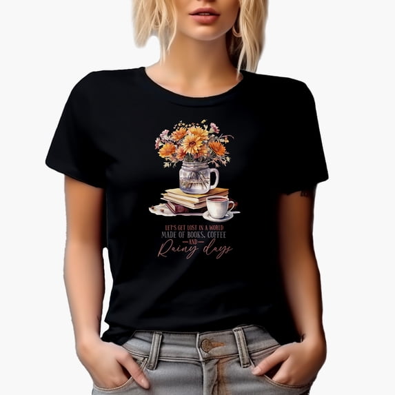 Book & Rainy Day Lover Quote, Flowers, Books & Coffee Cup Painting Art Merch Gift, Black T-Shirt, Small