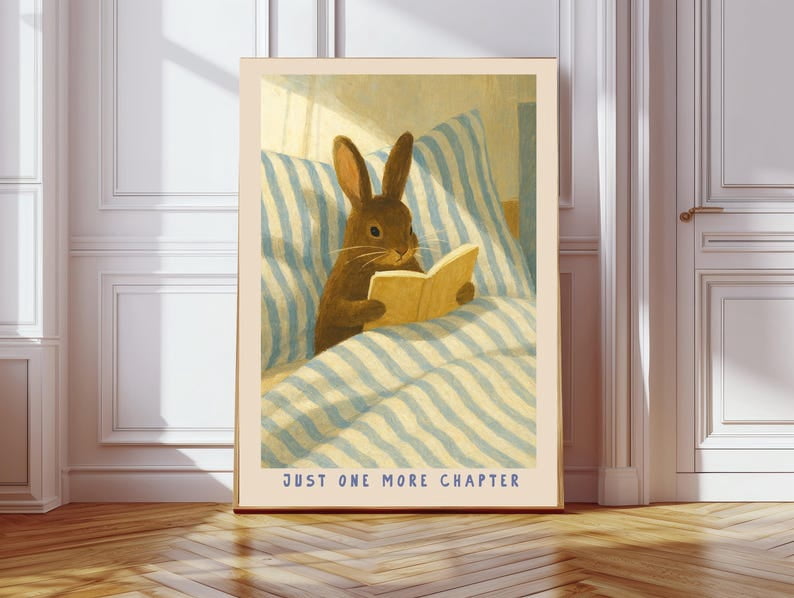 Book Reading Bunny Wall Art Poster – Cozy Contemporary Rabbit Print ...