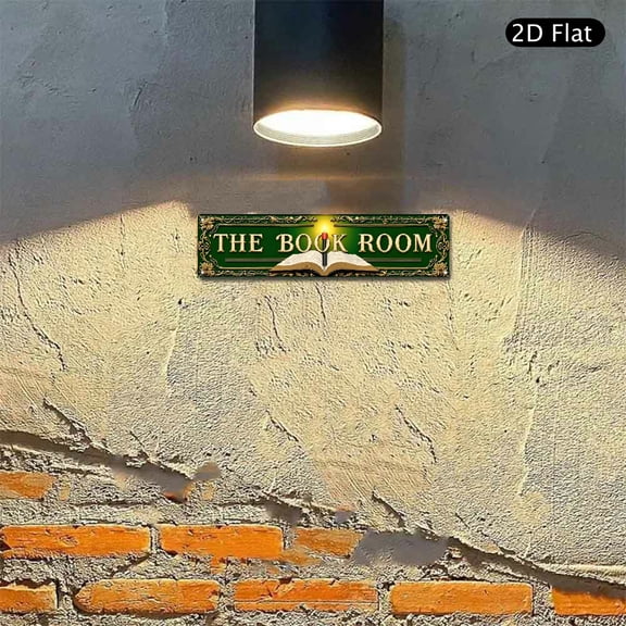 The Book Room Metal Wall Art 4x16 Inch Aluminum Sign, Vintage Library Decor with Candle and Book Illustration, Decorative Wall Plaque for Study Room 1pc