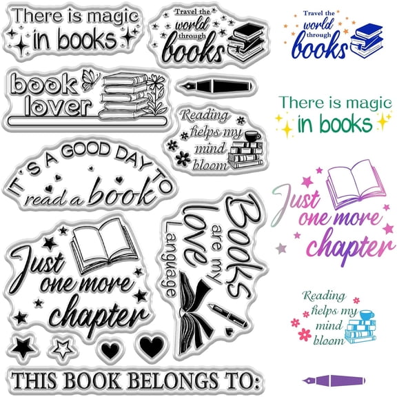 Book Rubber Stamp Silicone Clear Stamps Reading Books Words Reader Bookshelf Bookcase Reusable Background Stamps for Library Cards Scrapbooking Journaling Card Making Decoration DIY Crafts
