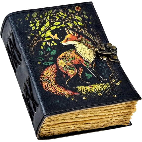 Book of Shadows Leather Bound Witchy Journal Deckle Paper Grimoire Printed Diary Fox Notebook Spiral Gothic Goth Skull Notebook Antique Rustic Book for Men and Women