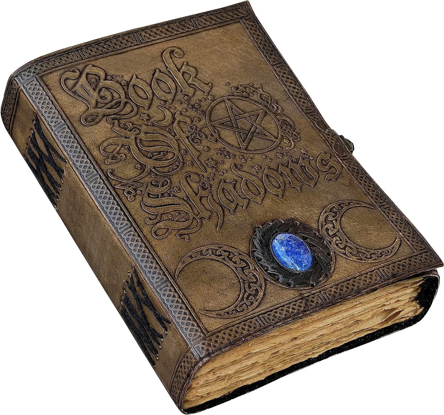Book Of Shadows Leather Journal with Semi Precious Stone - Lock Closure, 200 pages Antique Deckle Edge Paper , Grimoire Journal, Triple Moon, Pentagram, Mother Of earth, Tree Of Life, Witch Journal