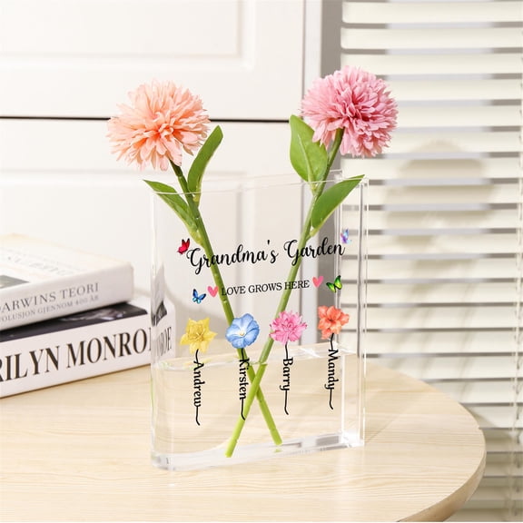 Book Shaped Acrylic Flower Vase, Personalized Birth Flower Vase for Mom Grandma, Custom Kids Name Gift, 5.9x7.9x1.6 in