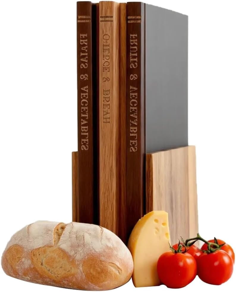 Book Shaped Chopping Board Set with Stand, 3 Piece Solid Wood Cutting Boards for Meat Cheese and Vegetables, Decorative Library Style Kitchen Gift Set