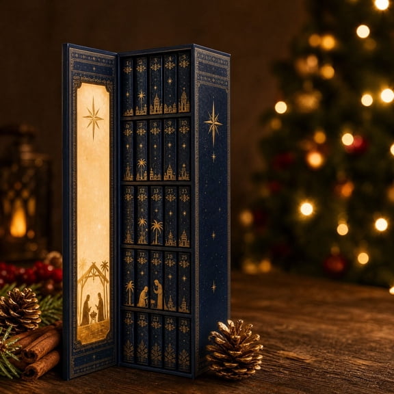 Book Shaped Christmas Advent Calendar, 24 Day Countdown Decor Box With Nativity Scene LED Light, Tabletop Holiday Decor