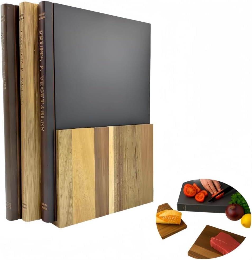 Book-Shaped Cutting Board Set of 3, Wooden Chopping & Serving Boards with Stand - Decorative for Vegetables, Cheese, Charcuterie & Entertaining - Unique Kitchen Gift for Home Chefs