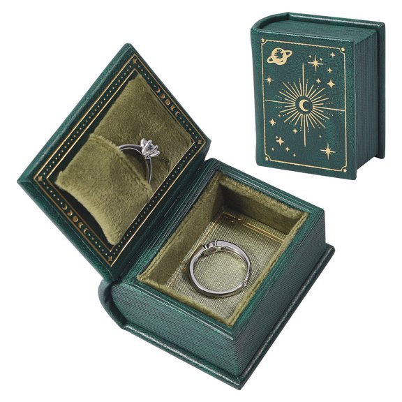 Book Shaped PU Leather Tie Clip Storage Boxes Ring Cases with Magnetic Dark Green 6.7x5.7x3.4cm