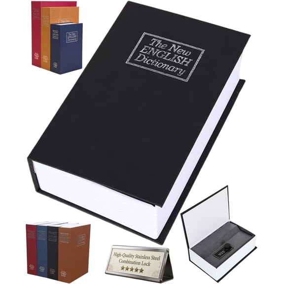 Book Shaped Security Lock Box, Secret Fake Book Safe with Combination Lock, Hidden Money Cash Stash Storage Diversion Safe, Password Guard Code Container for Home Office (Black, L)