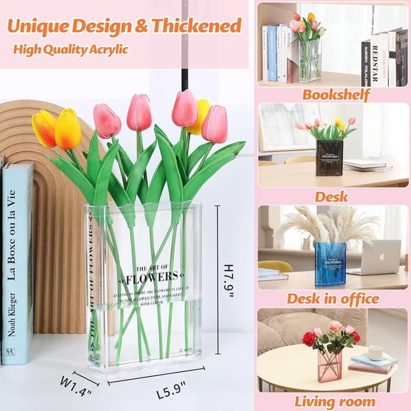 Book-Shaped Vase for Flowers, Book Lovers Gifts, Aesthetic Room Decor Cute Flowers Vases & Must-Have for Home, Bookshelf, Bedroom & Office Decor for Women & Teacher Gift - Like Mothers Day (Clear)