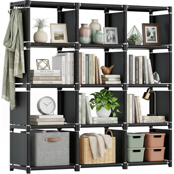 Book Shelf, 12 Cube Storage Organizer, DIY Bookcase, Metal Bookshelf,Tall Book case for Bedroom, Living Room,Office,Closet, Black Cubicle Rack
