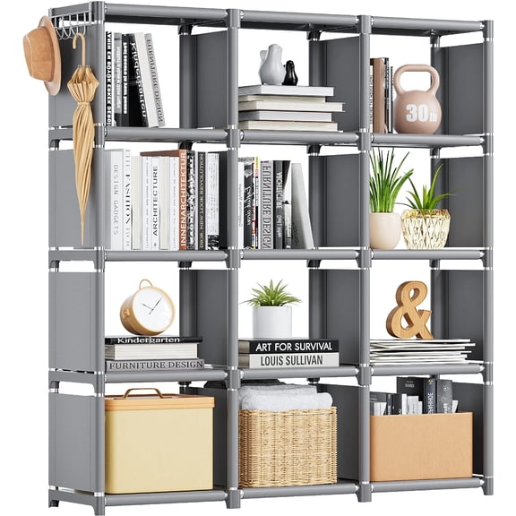 Book Shelf, 12 Cube Storage Organizer, DIY Bookcase, Metal Cube Bookshelf,Tall Book case for Bedroom, Living Room,Office,Closet Storage Organizer, Grey Cubicle Storage Rack