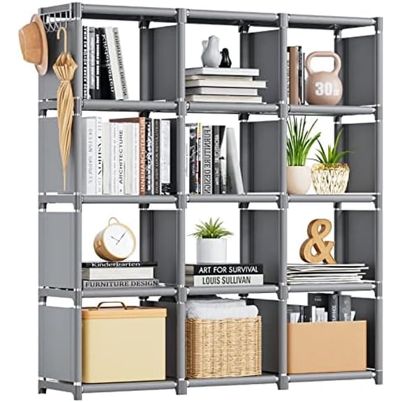 Book Shelf, 12 Cube Storage Organizer, DIY Bookcase, Metal Cube Bookshelf,Tall Book case for Bedroom, Living Room,Office,Closet Storage Organizer, Grey Cubicle Storage Rack