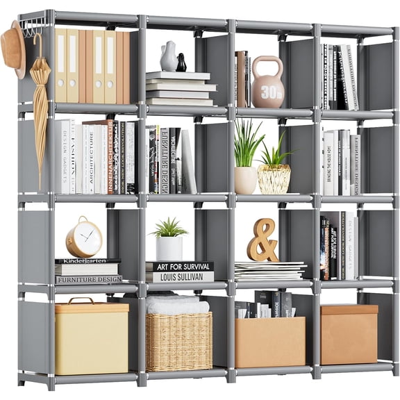Book Shelf, 16 Cube Storage Organizer, DIY Bookcase, Metal Cube Bookshelf,Tall Book case for Bedroom, Living Room,Office,Closet Storage Organizer, Grey Cubicle Storage Rack
