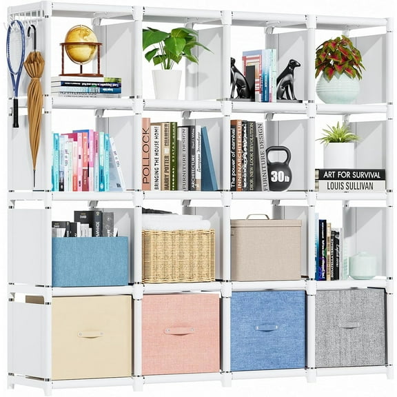 Book Shelf, 16 Cube Storage Organizer, Metal Cube Bookshelf, DIY Bookcase, Tall Book case for Bedroom, Living Room, Office -White