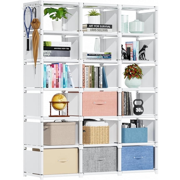 Book Shelf, 18 Cube Storage Organizer, DIY Bookcase, Metal Bookshelf, Tall case for Bedroom, Living Room, Office, Closet Black Cubicle Rack-White