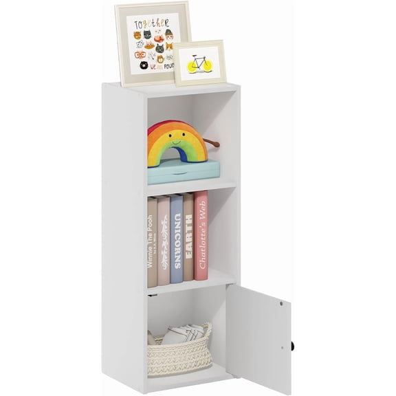 Book Shelf, 3-Tier Modern Bookshelf, Bookcase with 1 Door Storage Cabinet, 9.3 x 12 x 31.5, for Organization and Storage, for Living Room, Bedroom, Home Office, White