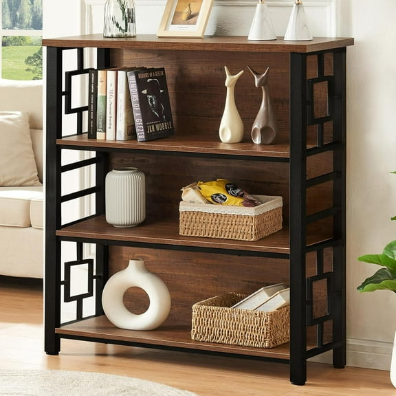 Book Shelf, 4 Tier Deep Bookshelf with Storage, Engineered Wood and Metal Shelf Bookcase, Low Short Bookcases for Small Space, Living Room, Bedroom, Office, Rustic Brown