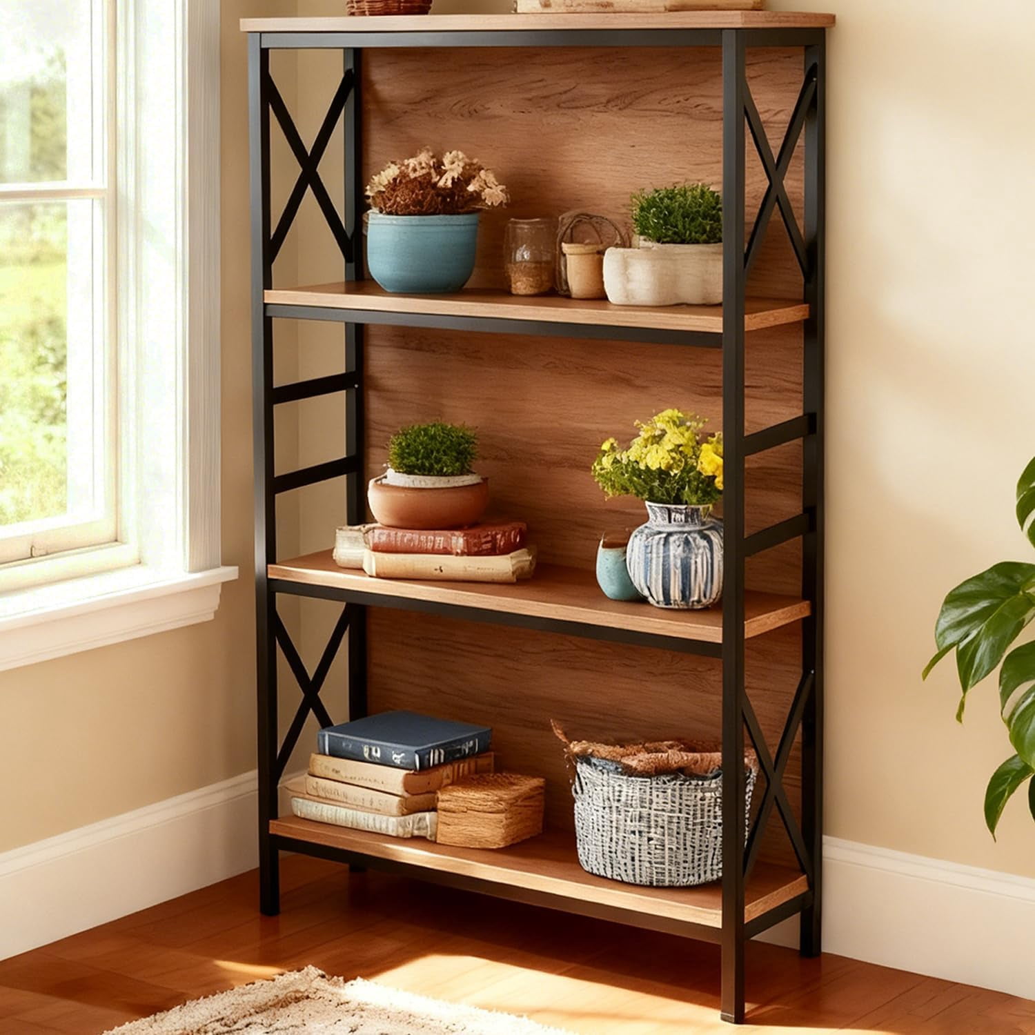 Strong Bookcase Book Shelf,4-Tier Industrial Bookshelf with Strong Metal Frame ...