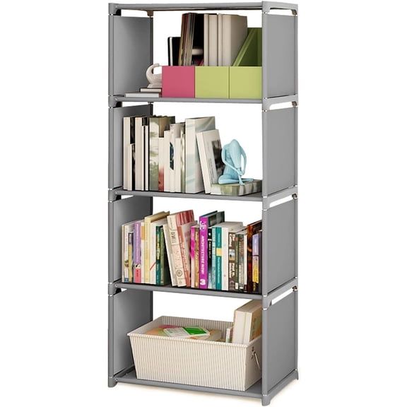 Book Shelf, 4-Tier Small Narrow Bookcase, Stable Bookshelf Narrow Book Shelves Storage Organizer, Skinny Book Shelf for Small Space, Farmhouse Slim Shelf with Storage (Grey)