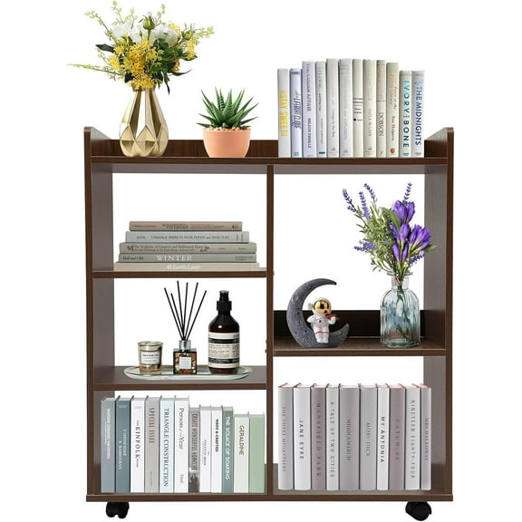 Book Shelf 5 Cube Short Bookshelf Bookcase, File Cabinet Filing Storage Cabinets, Low Shelf Cubbies Book Case with 360° Wheels and Dividers, Cube Organizer Shelf for Home Office (Dark Walnut)