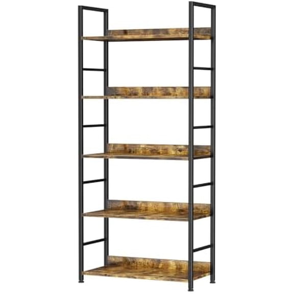 Book Shelf, 5 Tier Solid Wood Bookcase, Industrial Tall Corner Bookshelves Storage Organizer, Modern Display Standing Storage Shelves for Home Office, Living Room, Bedroom, Rustic Brown