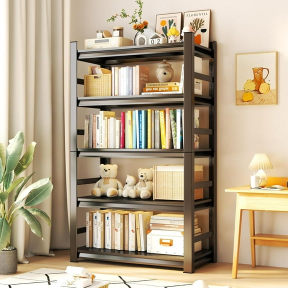 Book Shelf, 5 Tiers Large Bookshelf, Easy Assembly, Adjustable Book Shelves with Fences, Metal Shelf for Bedroom, Living Room, 35.4" W*15.8" D*72" H, Black