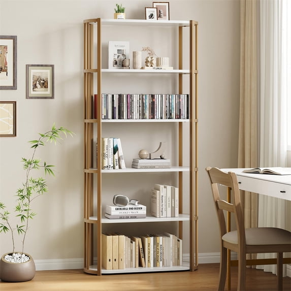 Book Shelf, 6 Tier Bookcase, Modern Tall Bookshelf, Industrial Corner Storage Organizer, Free Standing Storage Shelving Unit for Bedroom Home Office Kitchen Living Room