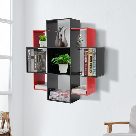 Book Shelf, Black, Red Wall-mounted Bookcase,Bookcase With Three Sizes 9 Compartments For Study, Office, Kitchen, Bedroom