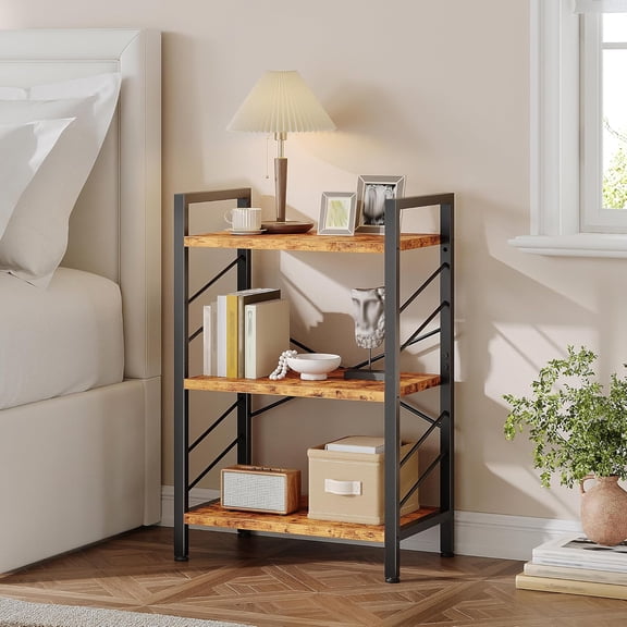 Book Shelf, Industrial 3 Tier Small Bookshelf, Bookcase with Metal Frame and Sidebars, Storage Shelves for Bedroom, Home Office and Living Room, Brown