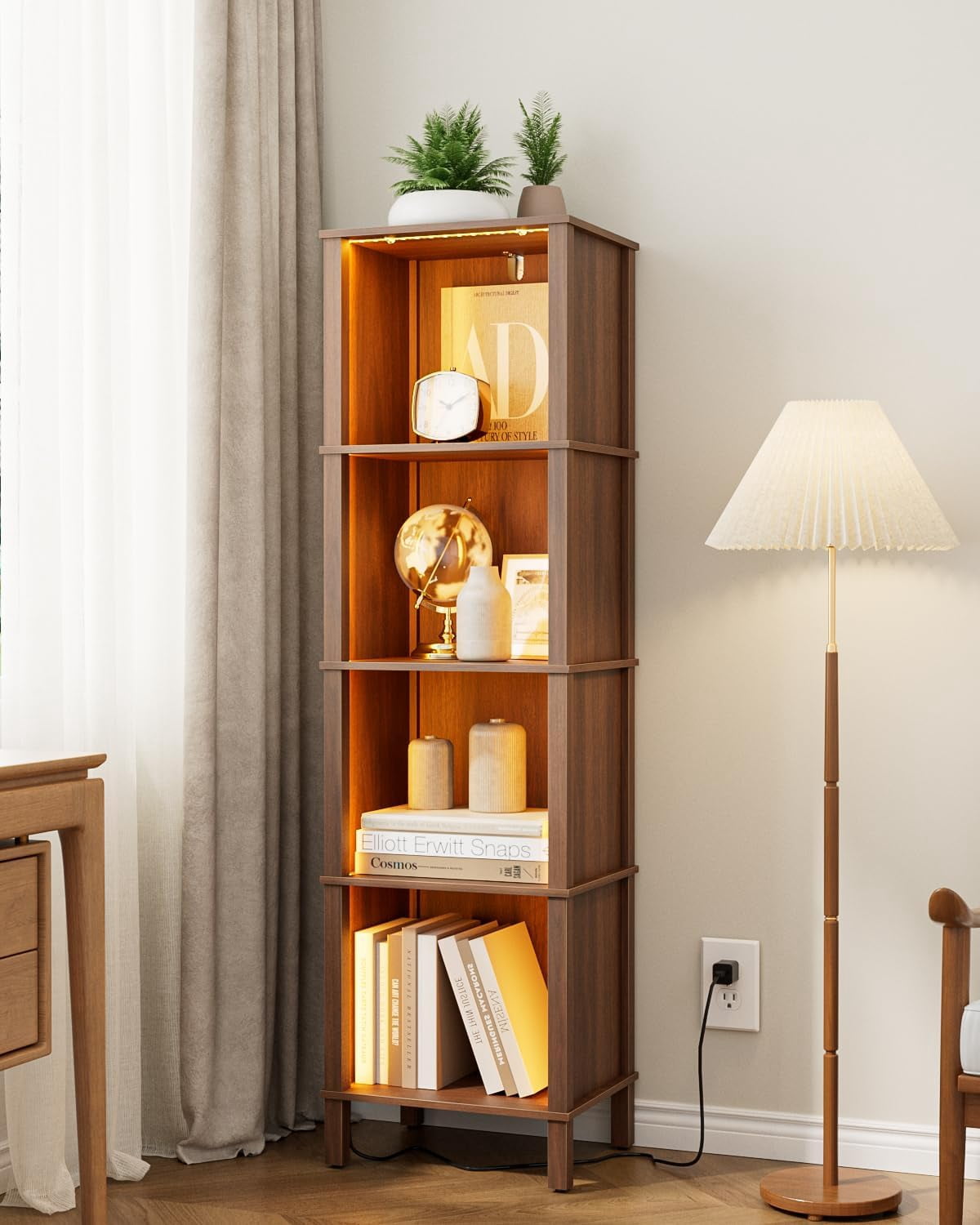 Small Book Shell Book Shelf with LED Lights, Modern 4-Tier Bookcase, Open Storage ...