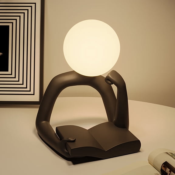 Book Shelf Lamp, Resin Abstract Figure Reading Table Lamp, Night Light, USB Rechargeable, for Bedroom, Living Room, Black