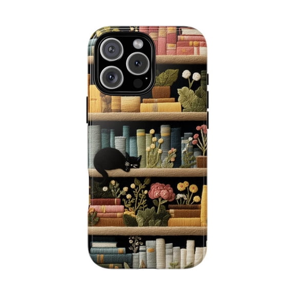 Book Shelf Library with Black Cat Bookworm Reading Artwork Phone Case with iPhone 11 to 17 Pro Max