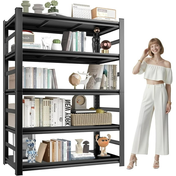 Book Shelf, Metal Bookshelves, Heavy Duty Steel Bookcases, Large Storage Capacity Adjustable Tall Industrial Bookshelf for Living Room, Bedroom and Library,Black (5-Tier With Fence 72''Hx36''Wx16''D)