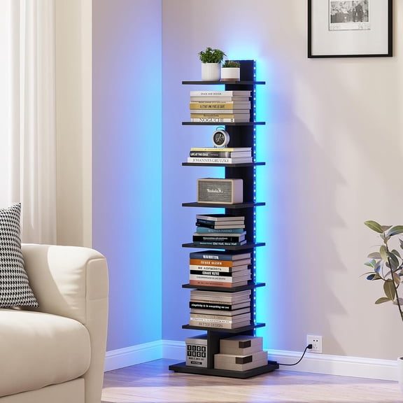 Book Shelf, Narrow Spine Bookshelf, 8-Tier Bookcase with LED Lights | 10.4 x 13.4 x 47.5 Inches Vertical Freestanding Corner Shelf for Living Room, Office, Small Space, Black BS06BK008L
