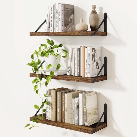 Book Shelf Set of 3, 16 inch Wall Mounted Bookshelf with Metal Brackets, Wall Shelves, Vintage Brown Book Shelves, Shelves on Wall, Wooden Bookshelves for Bedroom & Living