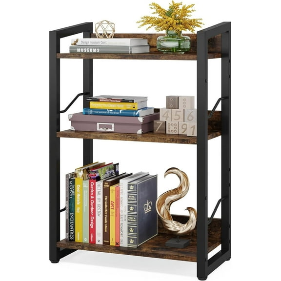 Book Shelf Small Bookshelf: 3-Tier Wood Bookcase Industrial Bookshelf with Edge Protection Metal Narrow Bookcase Storage Organizer Display Rack for Bedroom Home Office (Rustic Brown)