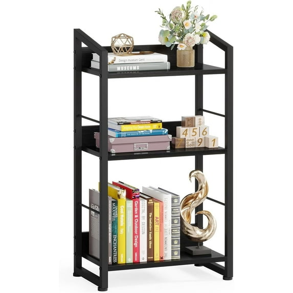 Book Shelf Small Bookshelf: 3 Tier Wood Bookcase Industrial Bookshelf with Edge Protection Metal Narrow Bookcase Storage Organizer Display Rack for Bedroom Home Office, Modern Black