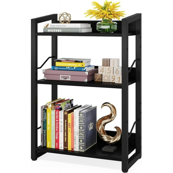 Book Shelf Small Bookshelf - 3-Tier Wood Bookcase Industrial Bookshelf Metal Narrow Bookcase Storage Organizer Display Rack for Bedroom Living Room Home Office (Black)