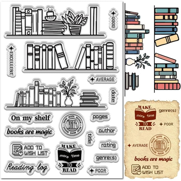 Book Shelf Stamp Transparent Silicone Stamps Bookcase Bookshelf Reusable Clear Rubber Stamper Seal for Holiday Cards Making Library DIY Scrapbooking Photo Album Decoration Paper Crafts White