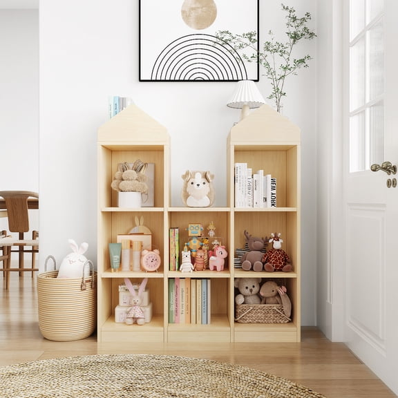 Book Shelf, Wooden Kids Bookshelf Roof-Top Organizer, 7-Cubby Shelf Storage for Toys & Books, Modern Bookcase for Playroom Nursery Classroom, 42.32x35.94x11.8 in
﻿