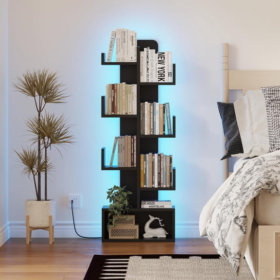 Book Shelf with LED Lights, Floor Standing Bookshelf, Corner Bookshelf, Tall Wood Book Storage for Bedroom, Living Room, Home Office