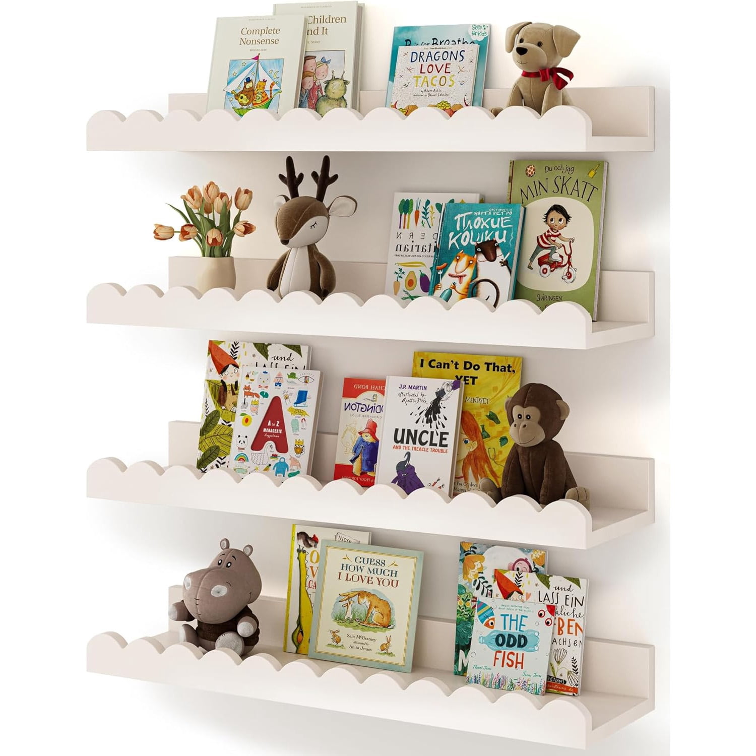 Book Shelves, 4-Pack White Floating Shelves for Wall, Scalloped Shelves, Wall Book Shelves for Bedroom