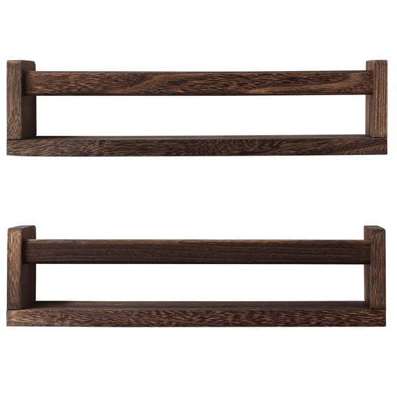 Book Shelves, Set of 2 Wood Floating Book Shelves for Room, Kitchen Spice Rack, or Rustic Wall Mounted Shelves for Farmhouse Bathroom Décor (Carbon Brown)