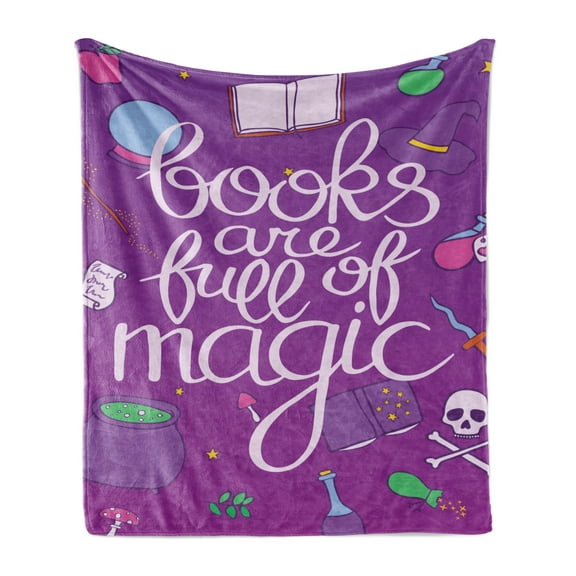 Book Soft Flannel Fleece Blanket, Books Are Full of Magic Wording Printed on Purple Background with Objects of a Witch, Cozy Plush for Indoor and Outdoor Use, 60" x 80", Multicolor, by Ambesonne