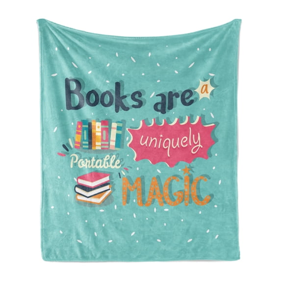 Book Soft Flannel Fleece Throw Blanket, Books are a Uniquely Portable Magic Inspirational Writing Print in Pastel Colors, Cozy Plush for Indoor and Outdoor Use, 50" x 60", Multicolor, by Ambesonne