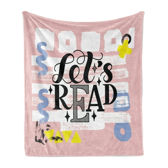 Book Soft Flannel Fleece Throw Blanket, Calligraphic Lets Read Inspirational Words Printed in Pastel Colors, Cozy Plush for Indoor and Outdoor Use, 50" x 70", Multicolor, by Ambesonne