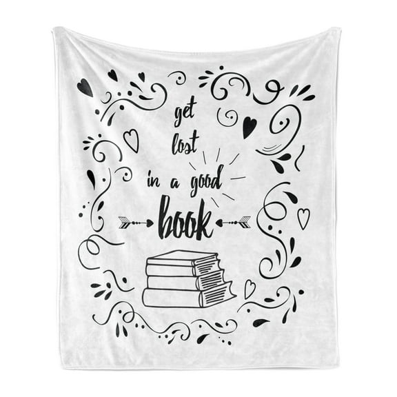 Book Soft Flannel Fleece Throw Blanket, Get Lost Reading Printed Words Hand Drawn Floral Pattern Books Arrow, Cozy Plush for Indoor and Outdoor Use, 50" x 70", Black White, by Ambesonne